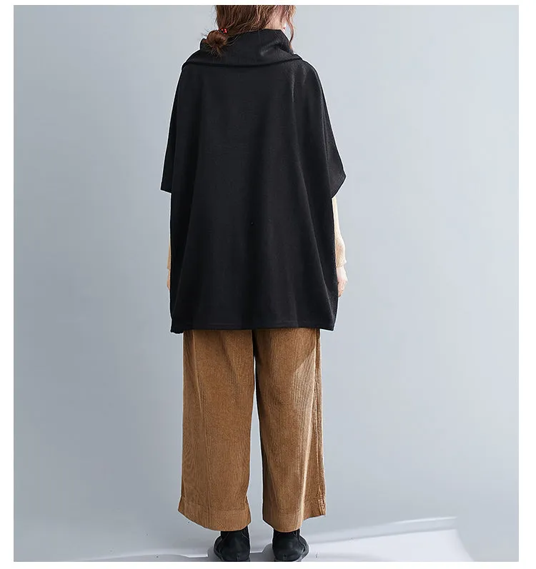 Turtleneck Sweater Knit Tunic Casual Style 3/4 Batwing Sleeve Oversized Black