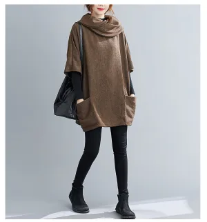 Turtleneck Sweater Knit Tunic Casual Style 3/4 Batwing Sleeve Oversized Brown