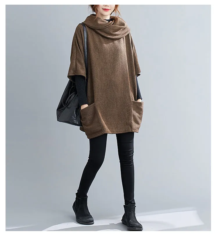 Turtleneck Sweater Knit Tunic Casual Style 3/4 Batwing Sleeve Oversized Brown