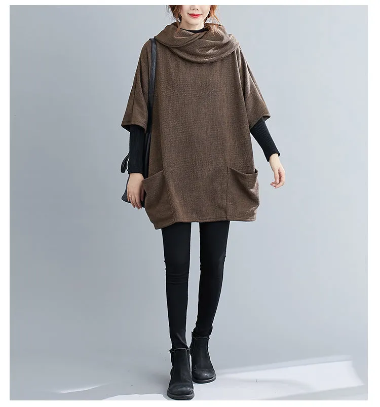 Turtleneck Sweater Knit Tunic Casual Style 3/4 Batwing Sleeve Oversized Brown