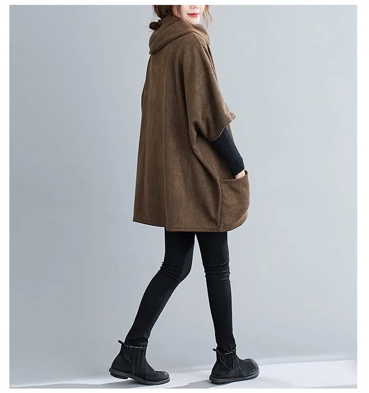 Turtleneck Sweater Knit Tunic Casual Style 3/4 Batwing Sleeve Oversized Brown