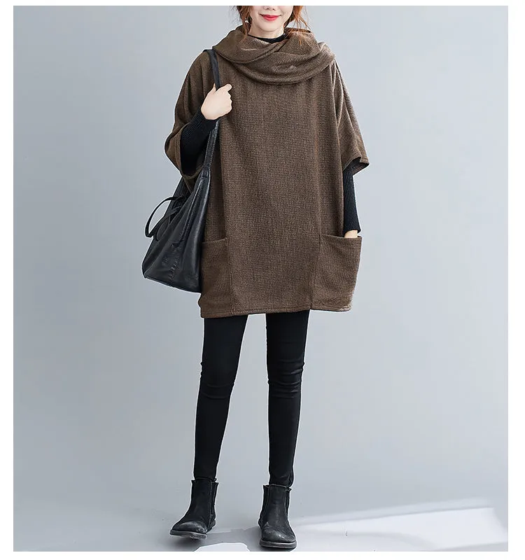 Turtleneck Sweater Knit Tunic Casual Style 3/4 Batwing Sleeve Oversized Brown