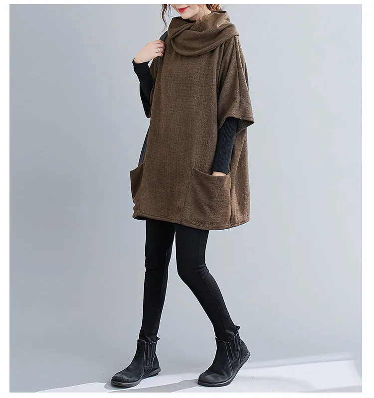 Turtleneck Sweater Knit Tunic Casual Style 3/4 Batwing Sleeve Oversized Brown