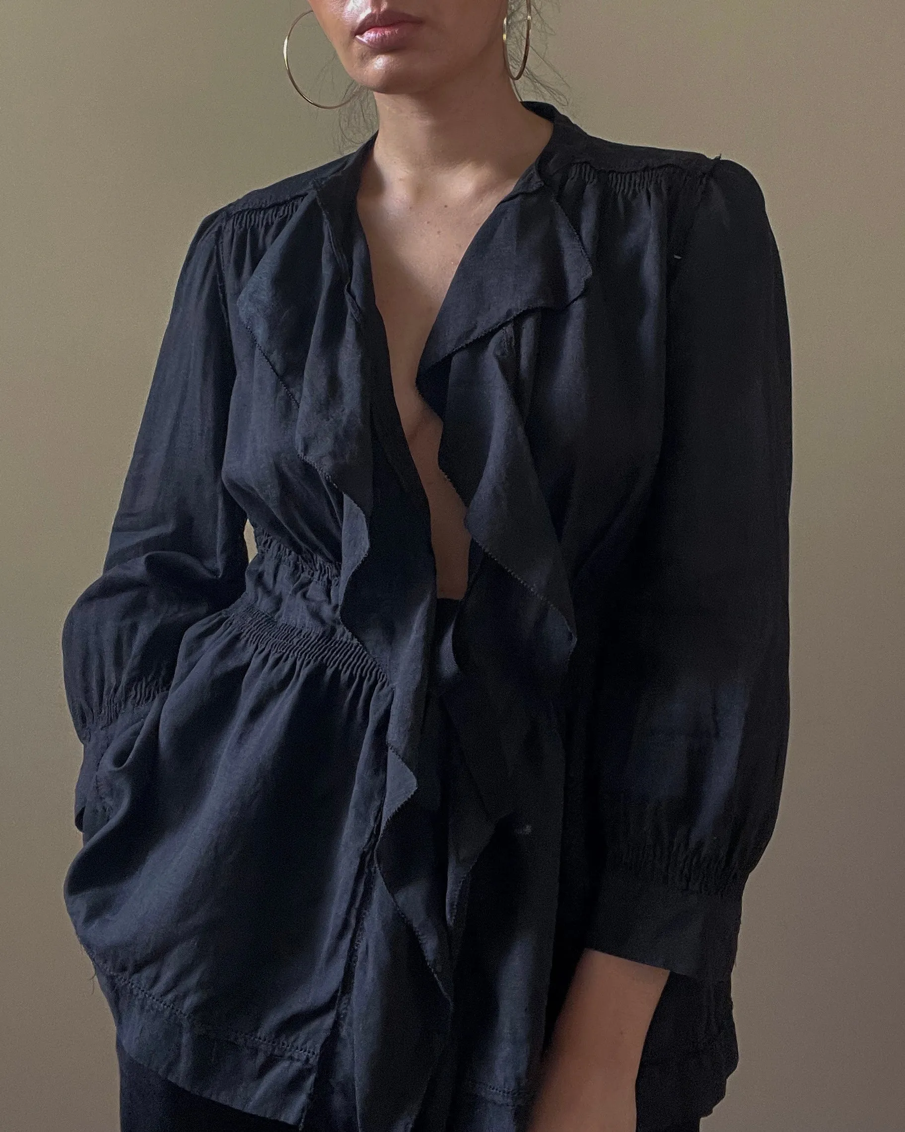 Vintage Designer DKNY Black Linen Ruffle Top