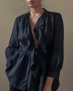 Vintage Designer DKNY Black Linen Ruffle Top