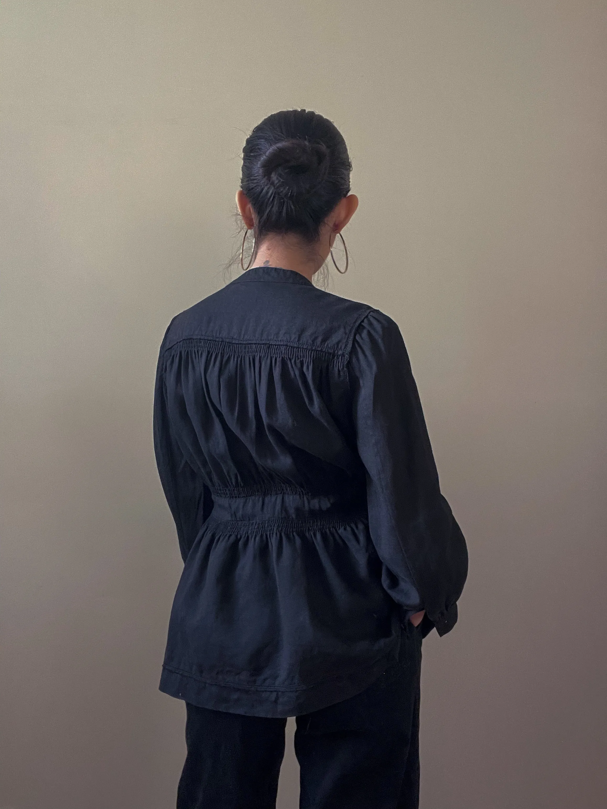 Vintage Designer DKNY Black Linen Ruffle Top