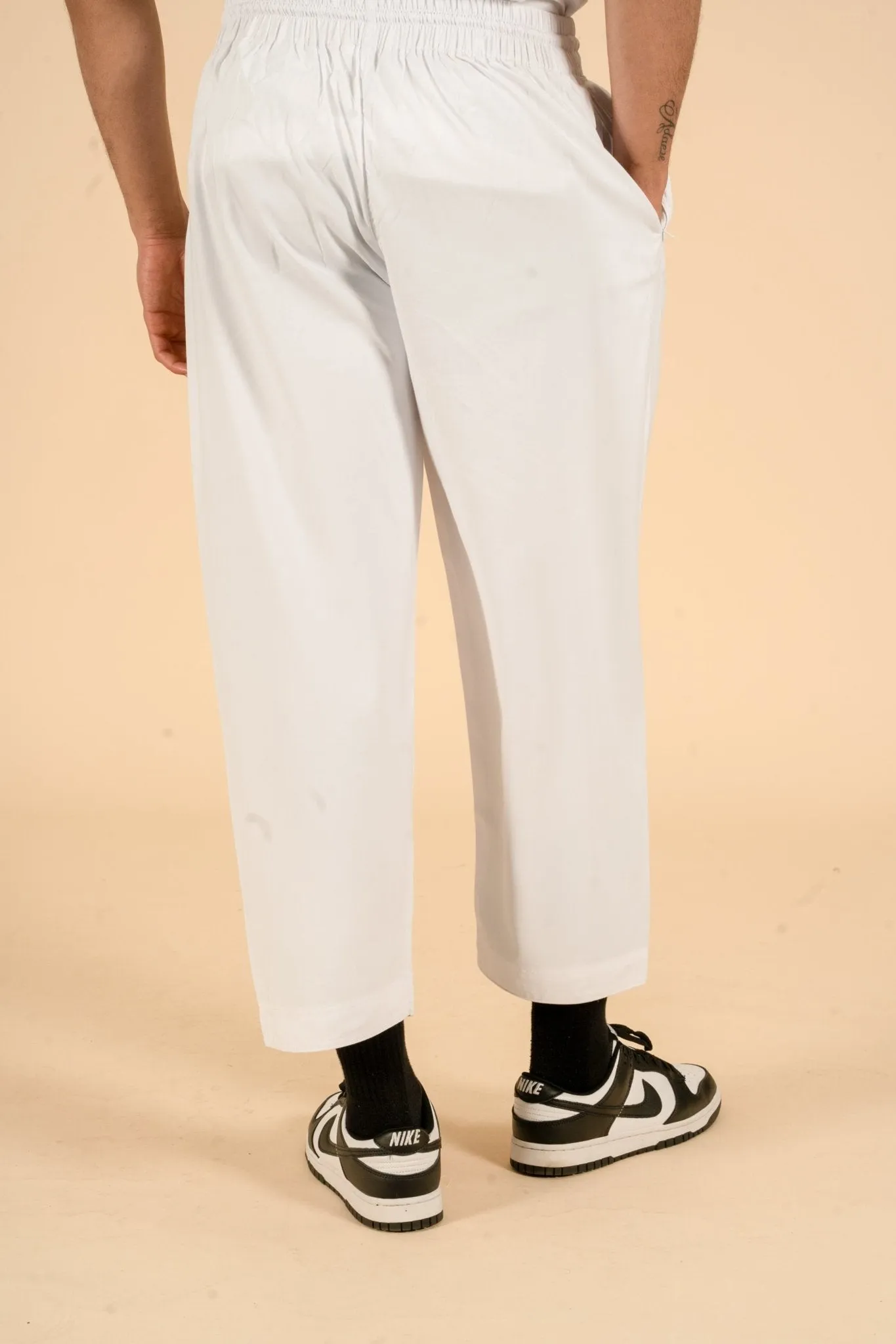 White Drawstring Wide Leg Thobe Trousers
