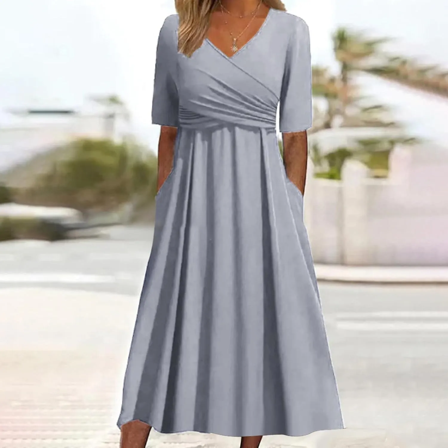 Women Cocktail Wrap Wedding Guest Formal Dresses V Neck Half Sleeve Vintage Tea Length Midi Party Dress with Pockets