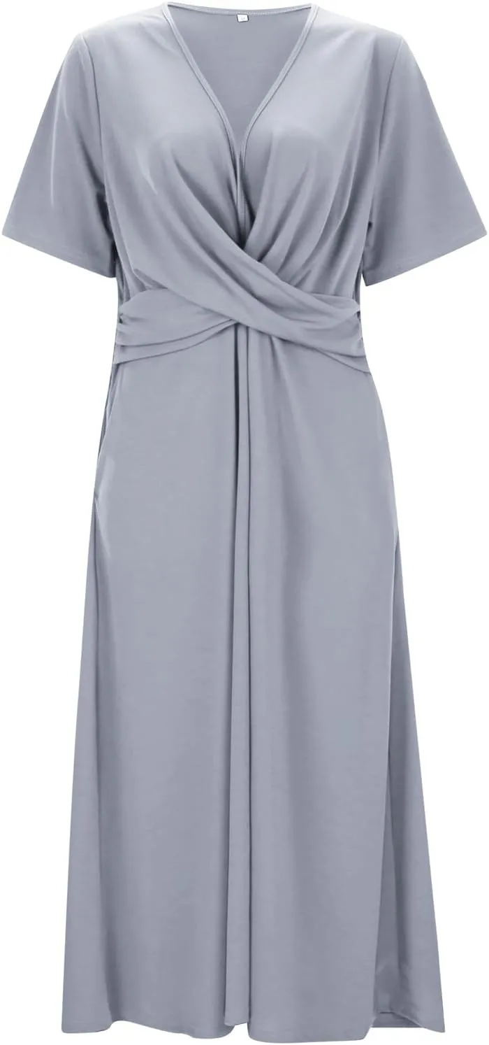 Women Cocktail Wrap Wedding Guest Formal Dresses V Neck Half Sleeve Vintage Tea Length Midi Party Dress with Pockets
