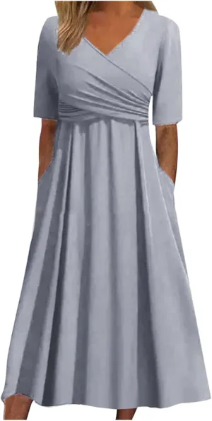 Women Cocktail Wrap Wedding Guest Formal Dresses V Neck Half Sleeve Vintage Tea Length Midi Party Dress with Pockets
