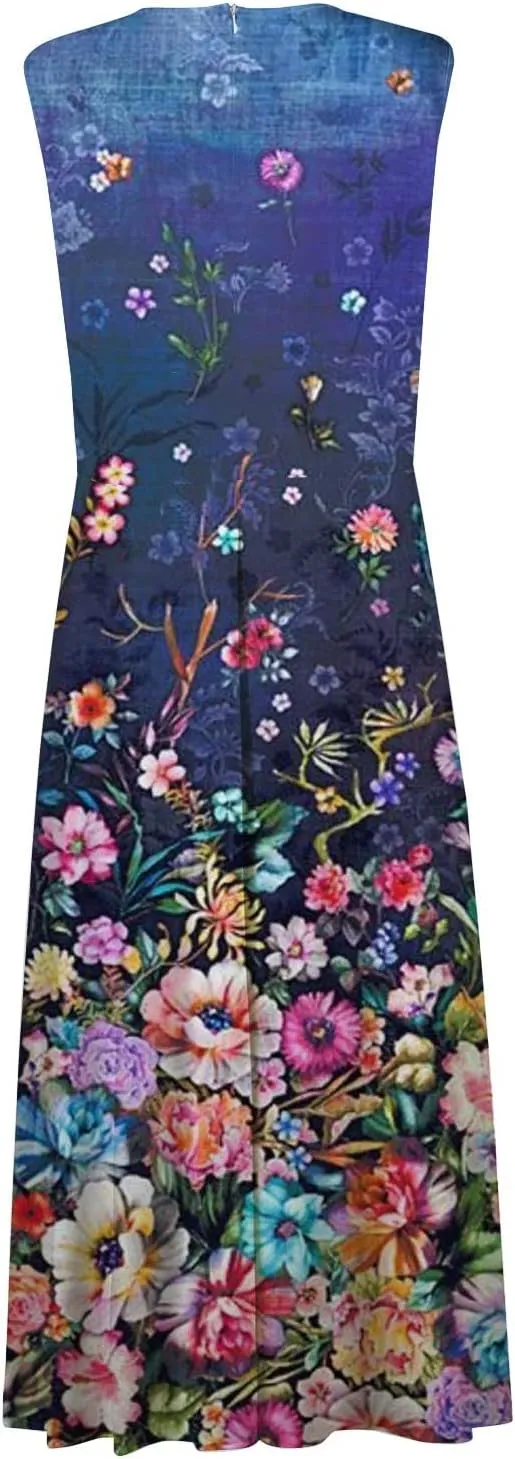 Womens Dresses Floral Print Wrap V Neck Sundresses Flowy Ruched Sleeveless Boho Dress Spring Beach Dress