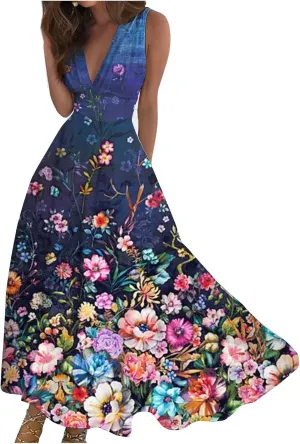 Womens Dresses Floral Print Wrap V Neck Sundresses Flowy Ruched Sleeveless Boho Dress Spring Beach Dress