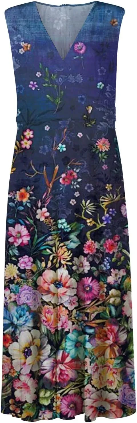 Womens Dresses Floral Print Wrap V Neck Sundresses Flowy Ruched Sleeveless Boho Dress Spring Beach Dress