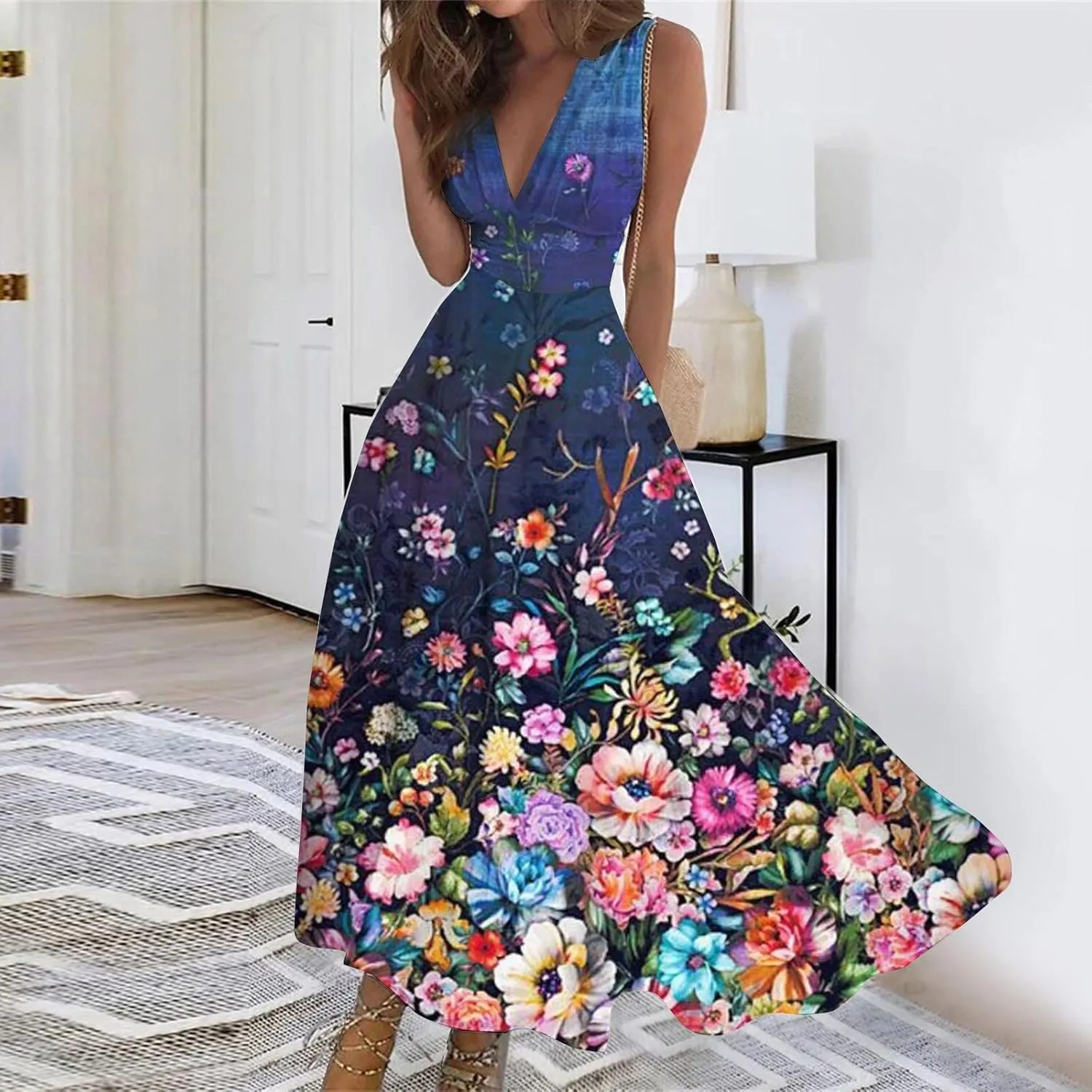 Womens Dresses Floral Print Wrap V Neck Sundresses Flowy Ruched Sleeveless Boho Dress Spring Beach Dress