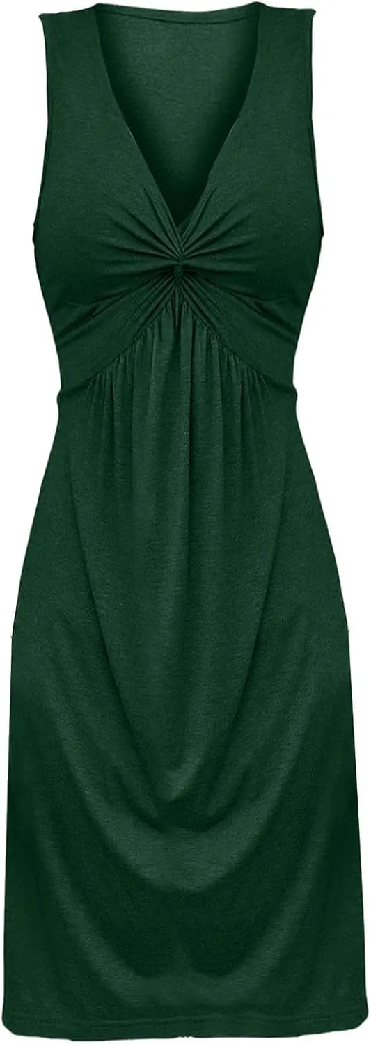 Women's V Neck Front Knotted Dresses Summer Sleeveless A Line Sundress Beach Party Vacasion Dress Outfits