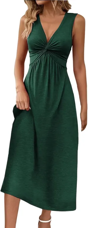 Women's V Neck Front Knotted Dresses Summer Sleeveless A Line Sundress Beach Party Vacasion Dress Outfits